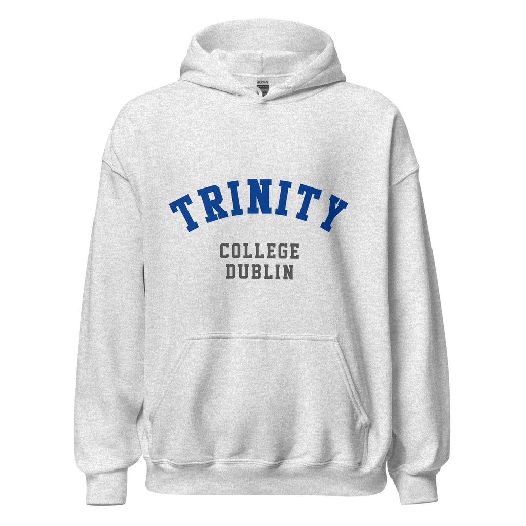 Unisex black hoodie featuring Trinity College Dublin logo printed across the front chest