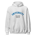 Unisex black hoodie featuring University College Dublin logo printed across the front chest