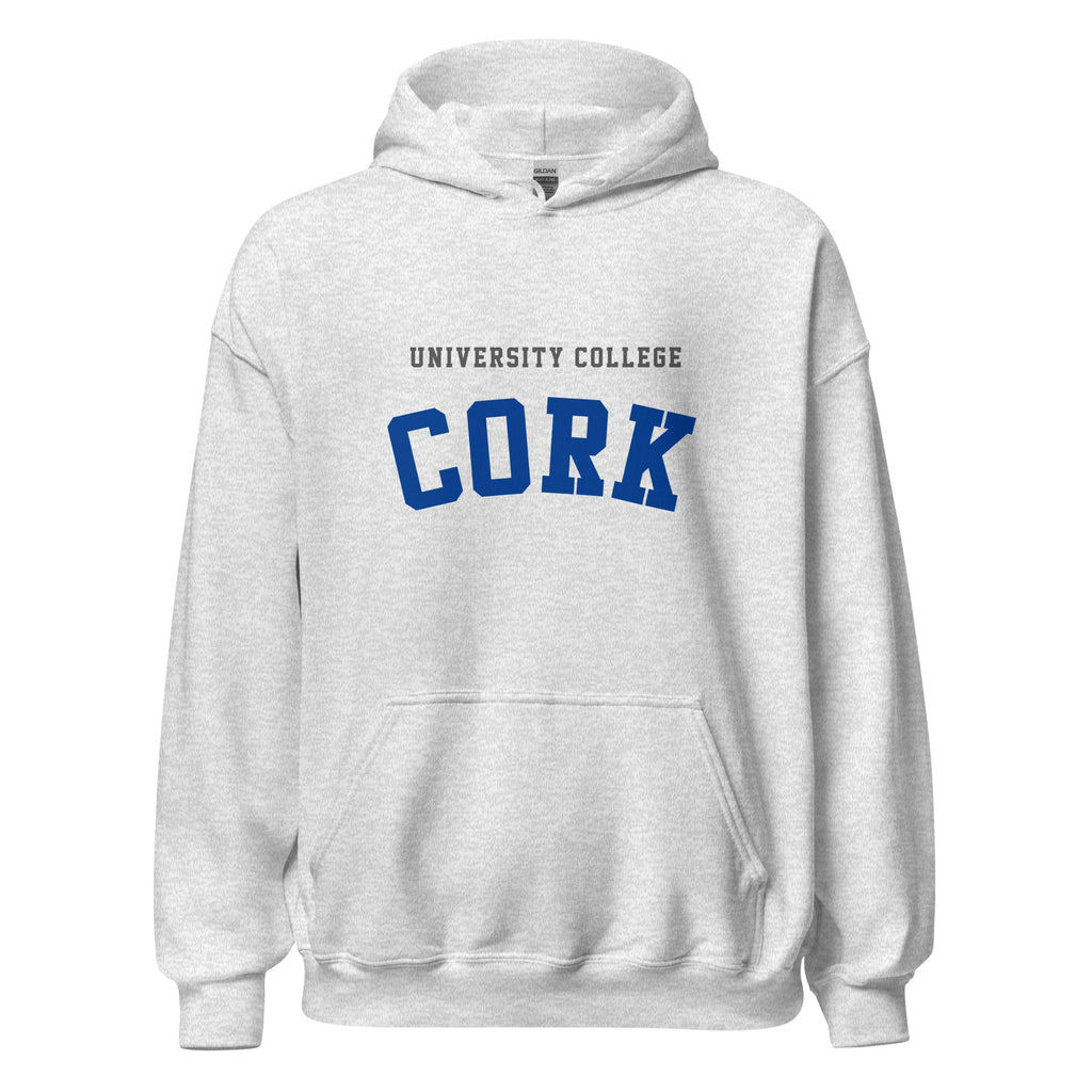 Unisex black hoodie featuring University College Cork logo printed across the front chest