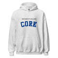 Unisex black hoodie featuring University College Cork logo printed across the front chest