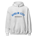 Unisex black hoodie featuring Dublin City University logo printed across the front chest
