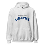 Unisex black hoodie featuring University of Limerick logo printed across the front chest