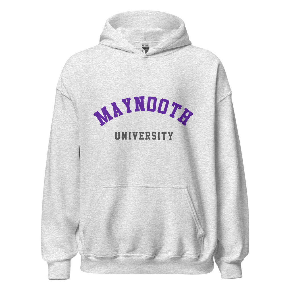 Unisex black hoodie featuring Maynooth University logo printed across the front chest
