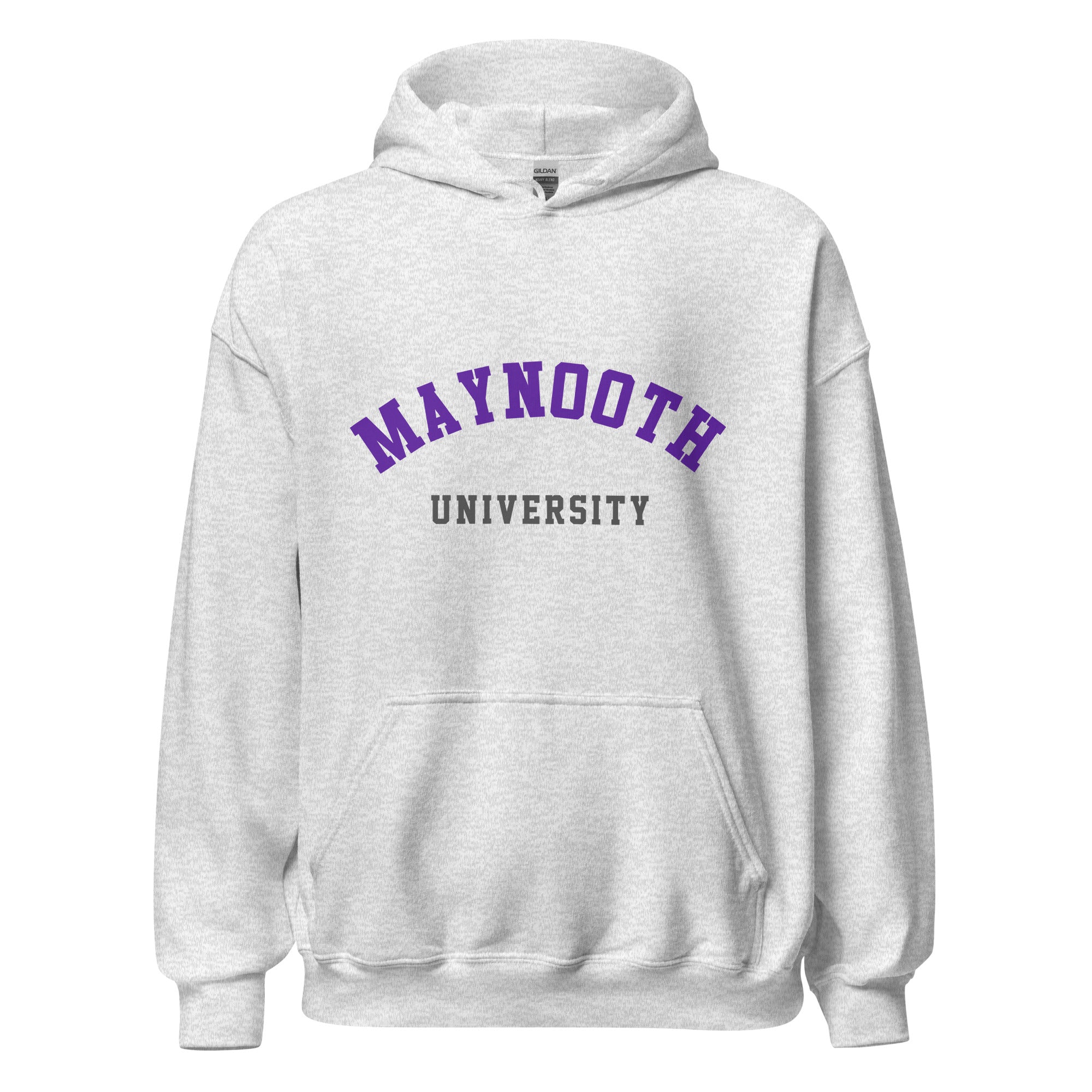 Unisex black hoodie featuring Maynooth University logo printed across the front chest