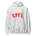 Unisex black hoodie featuring EPFL logo printed across the front chest
