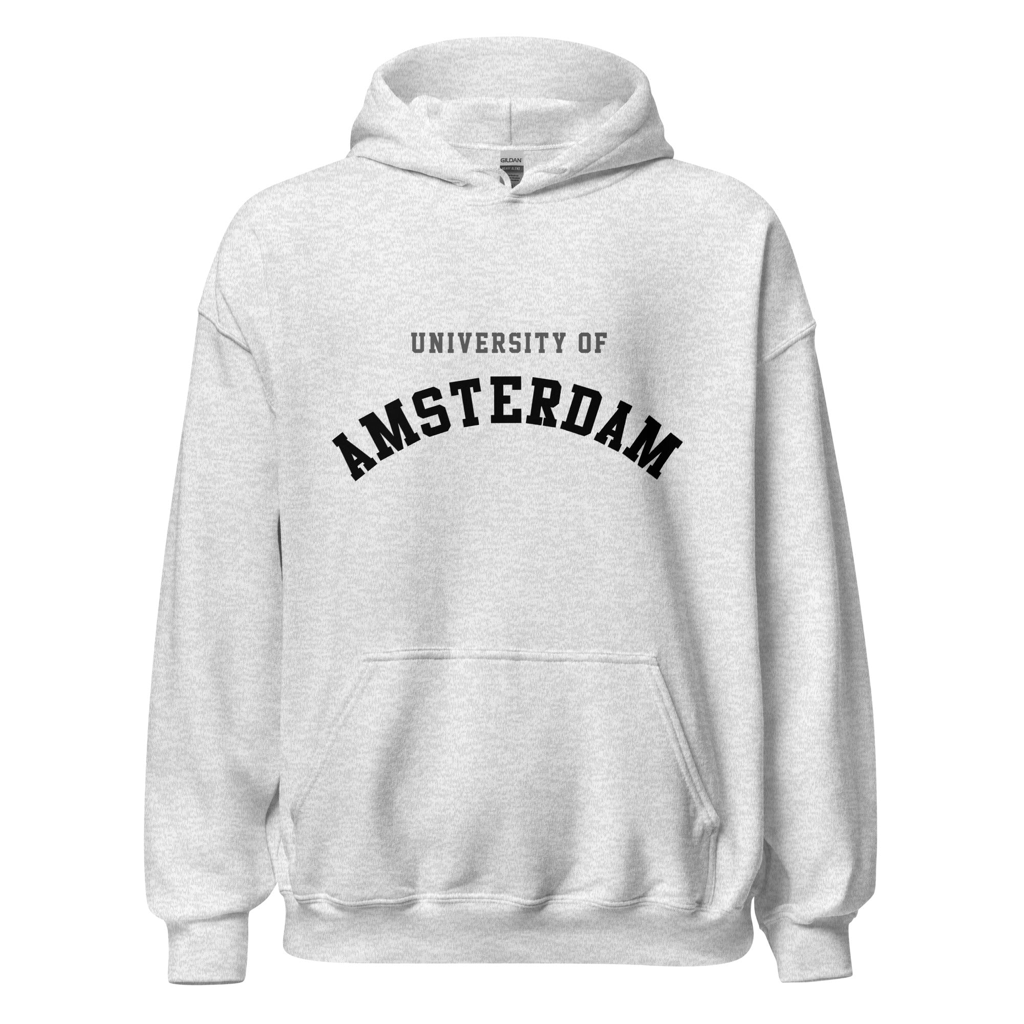 Unisex black hoodie featuring University of Amsterdam logo printed across the front chest