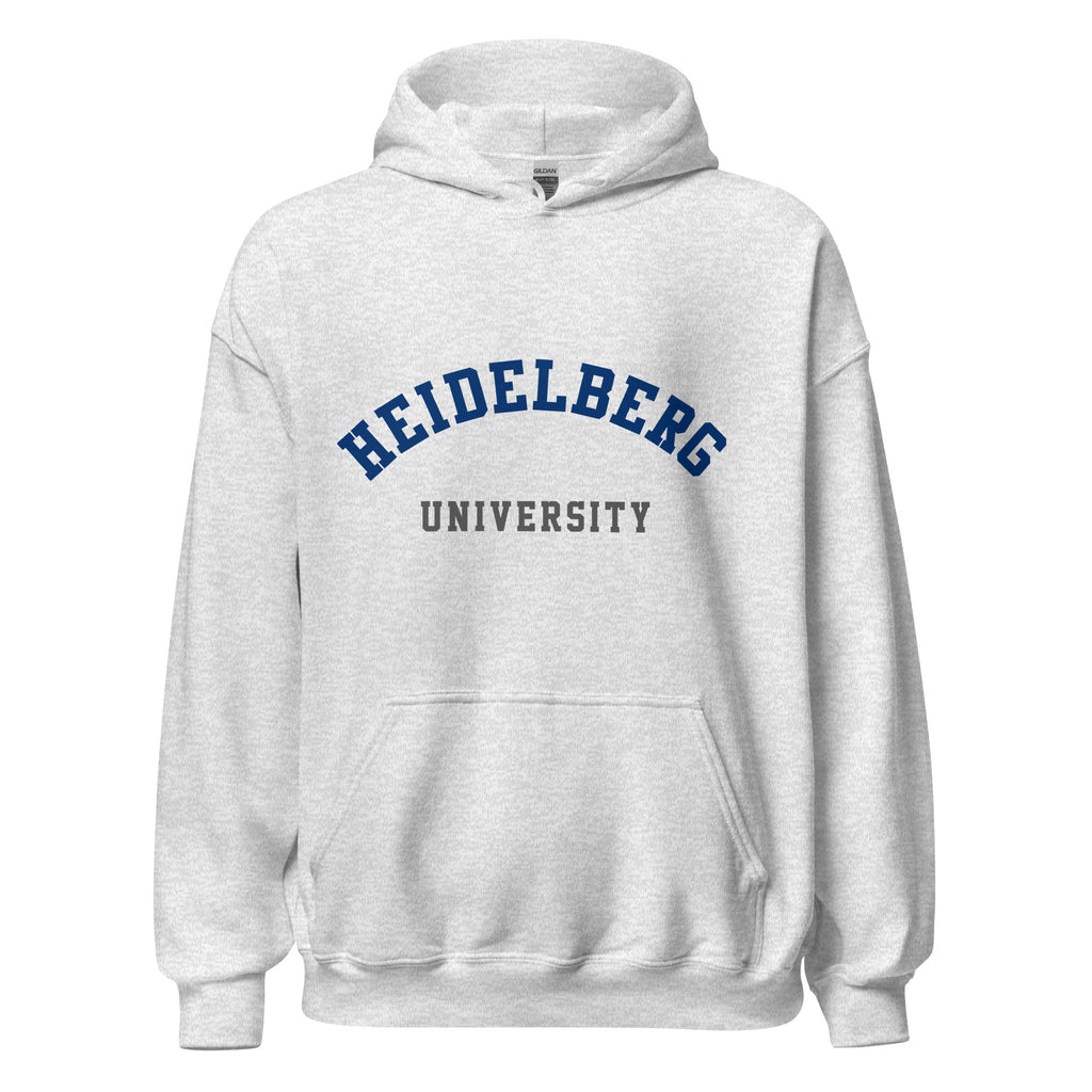 Unisex black hoodie featuring Heidelberg University logo printed across the front chest