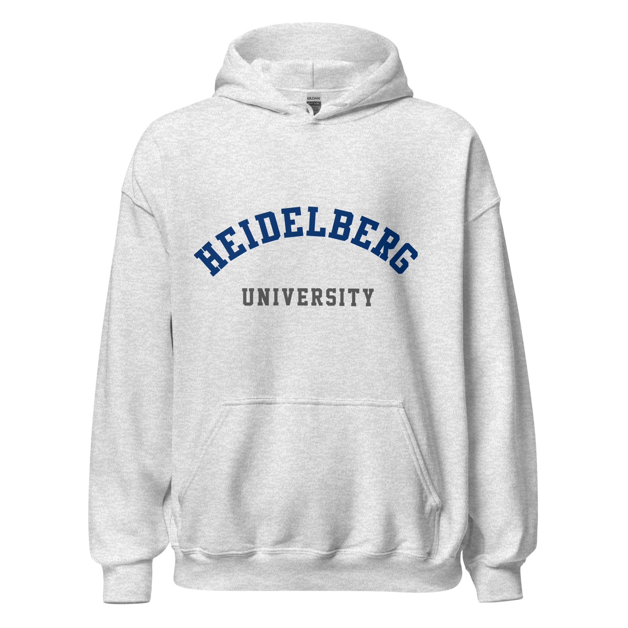 Unisex black hoodie featuring Heidelberg University logo printed across the front chest