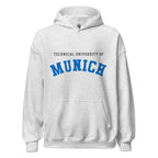 Unisex black hoodie featuring Technical University of Munich logo printed across the front chest