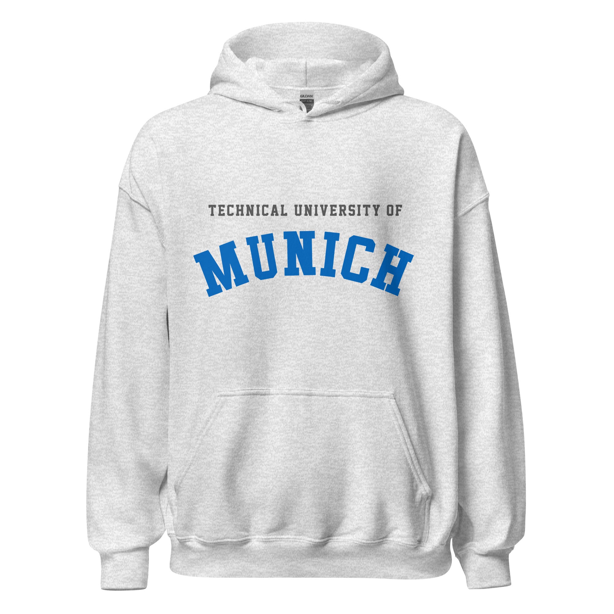 Unisex black hoodie featuring Technical University of Munich logo printed across the front chest