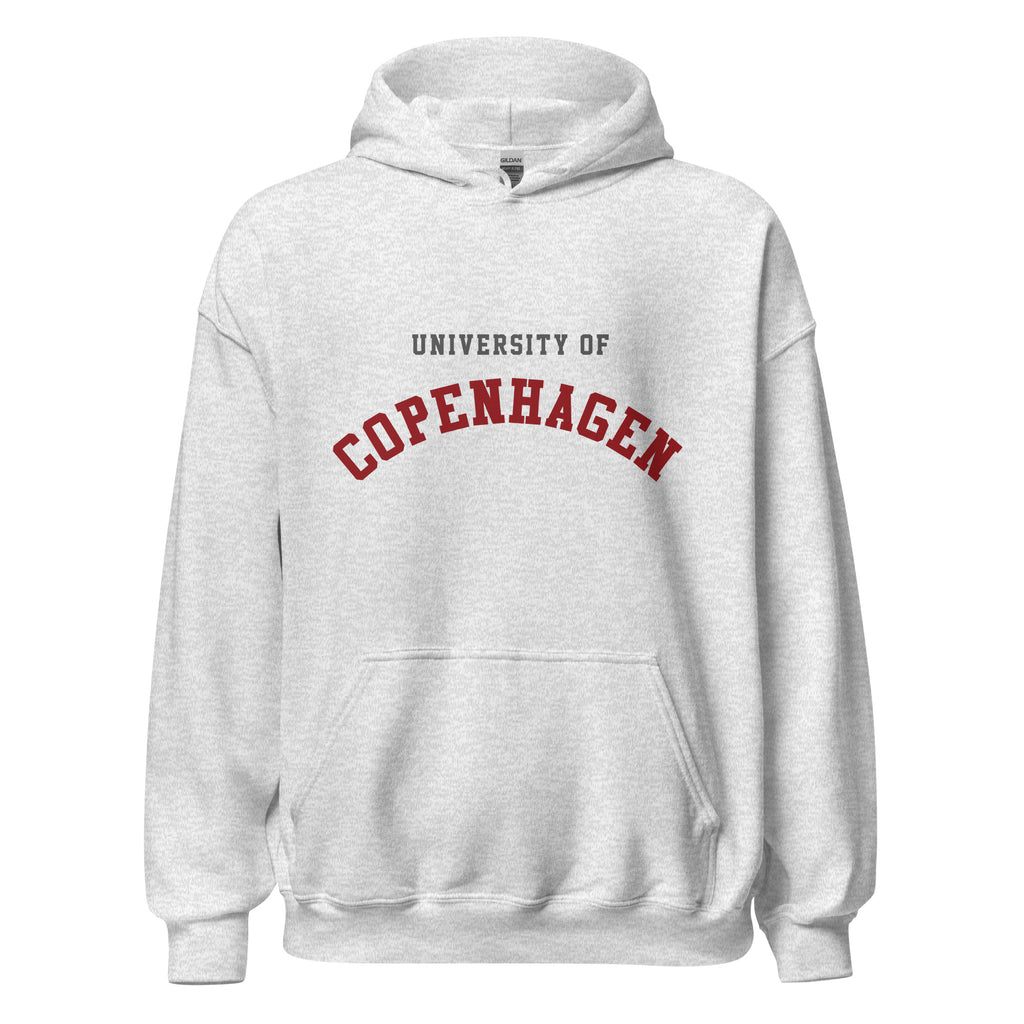 Unisex black hoodie featuring University of Copenhagen logo printed across the front chest