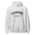 Unisex black hoodie featuring Sorbonne University logo printed across the front chest