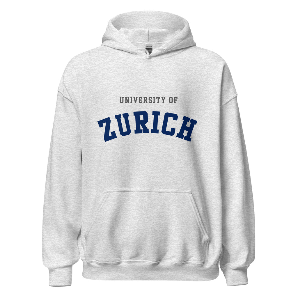 Unisex black hoodie featuring University of Zurich logo printed across the front chest