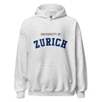 Unisex black hoodie featuring University of Zurich logo printed across the front chest
