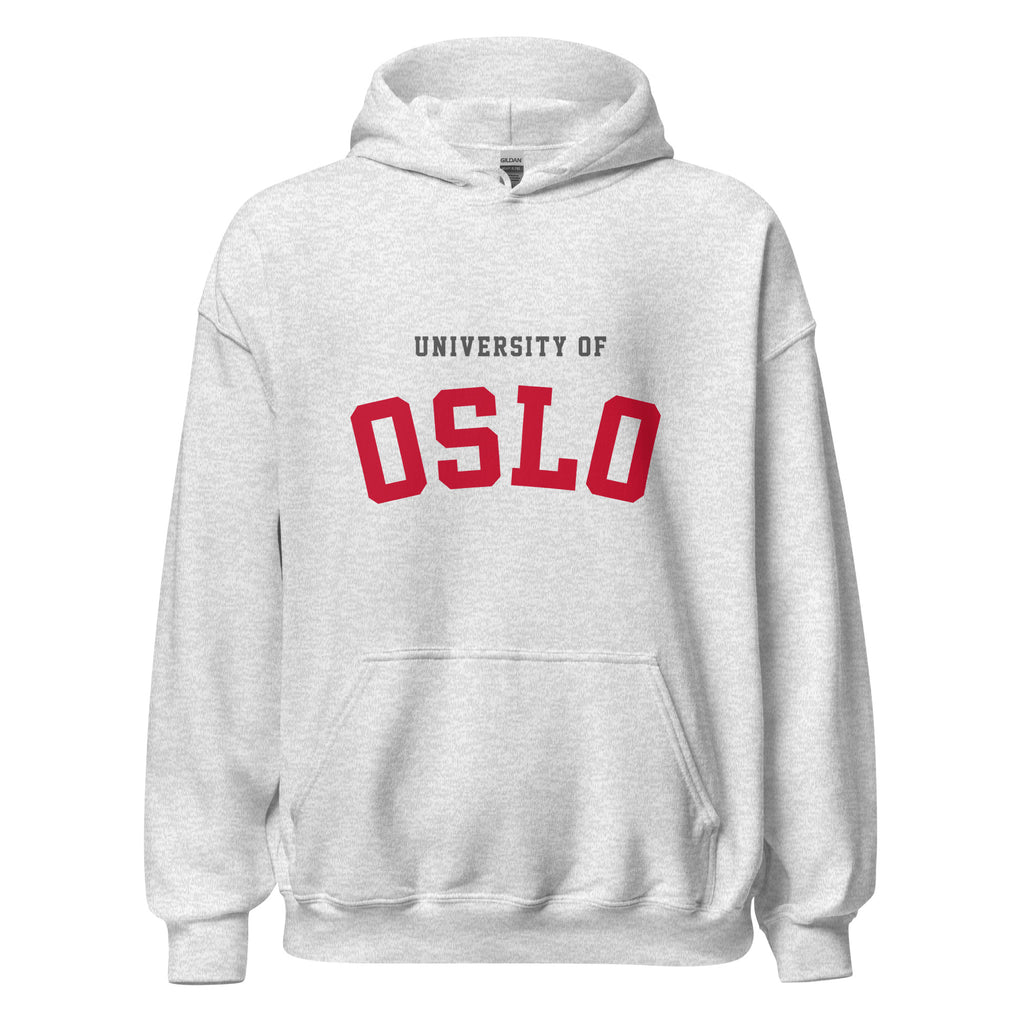 Unisex black hoodie featuring University of Oslo logo printed across the front chest