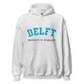 Unisex black hoodie featuring Delft University of Technology logo printed across the front chest