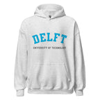 Unisex black hoodie featuring Delft University of Technology logo printed across the front chest