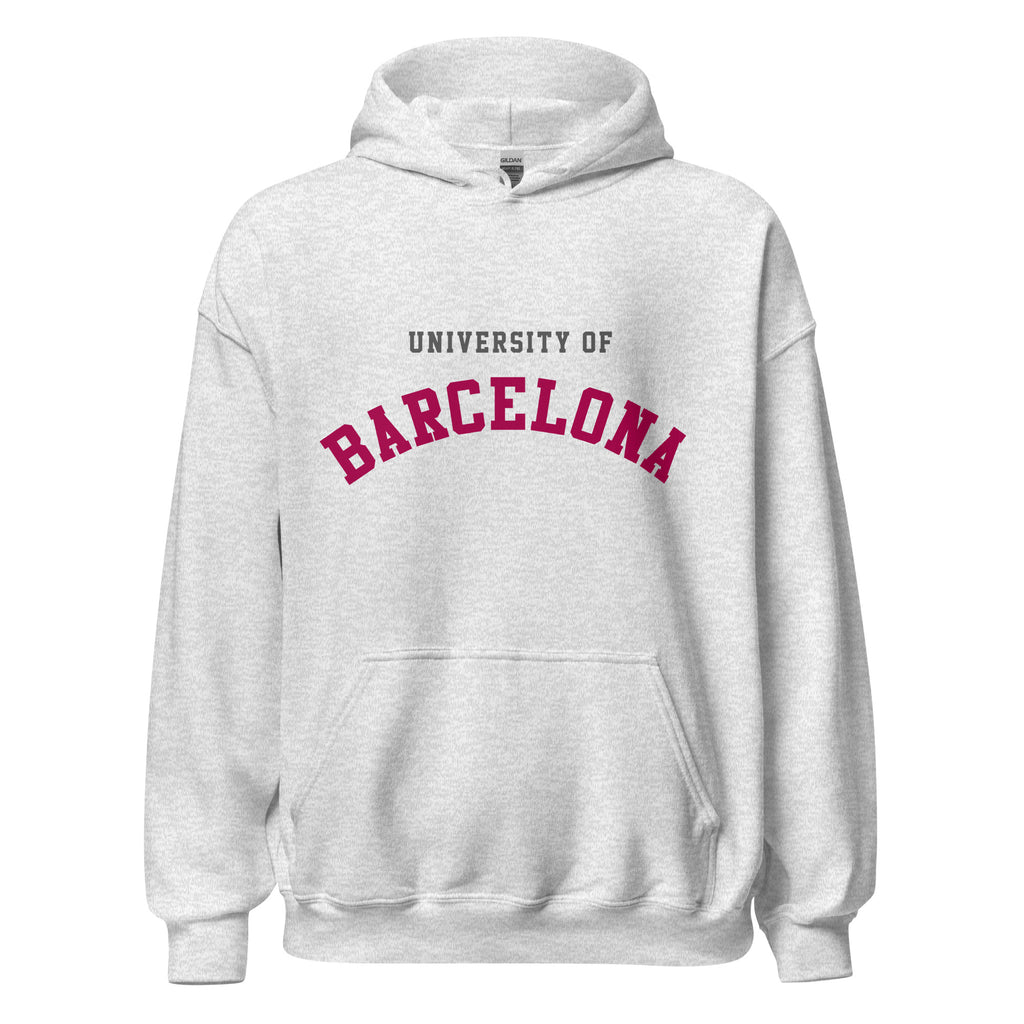 Unisex black hoodie featuring University of Barcelona logo printed across the front chest