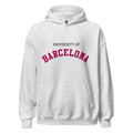 Unisex black hoodie featuring University of Barcelona logo printed across the front chest