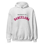 Unisex black hoodie featuring University of Barcelona logo printed across the front chest