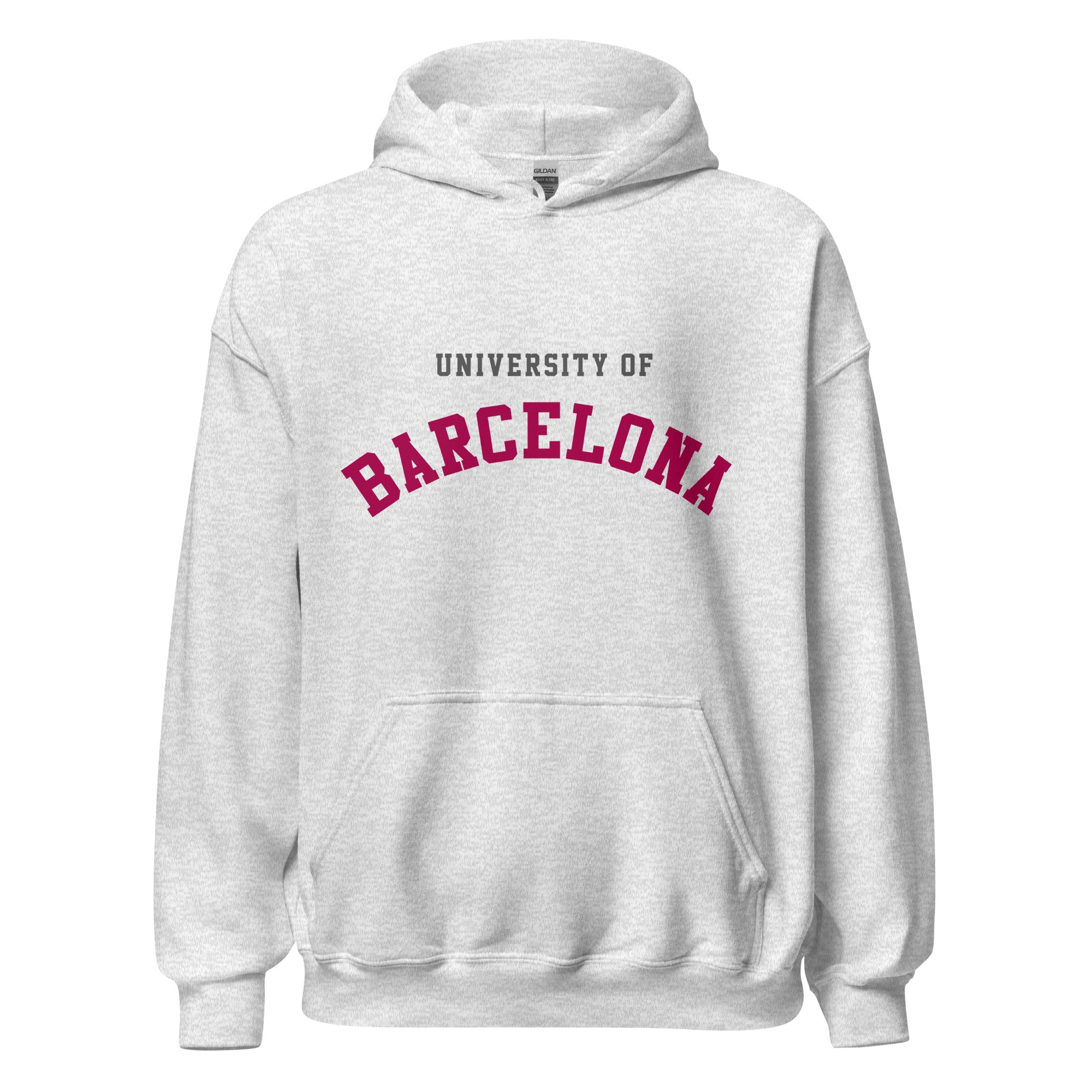 Unisex black hoodie featuring University of Barcelona logo printed across the front chest