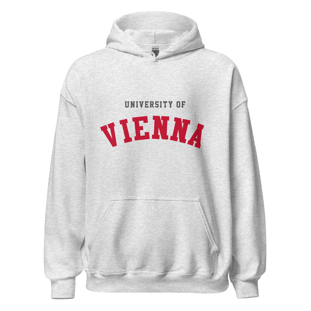 Unisex black hoodie featuring University of Vienna logo printed across the front chest