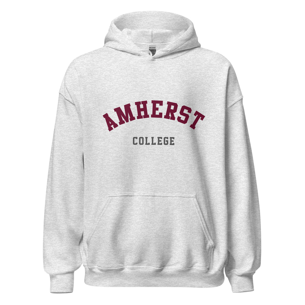 Unisex black hoodie featuring Amherst College logo printed across the front chest