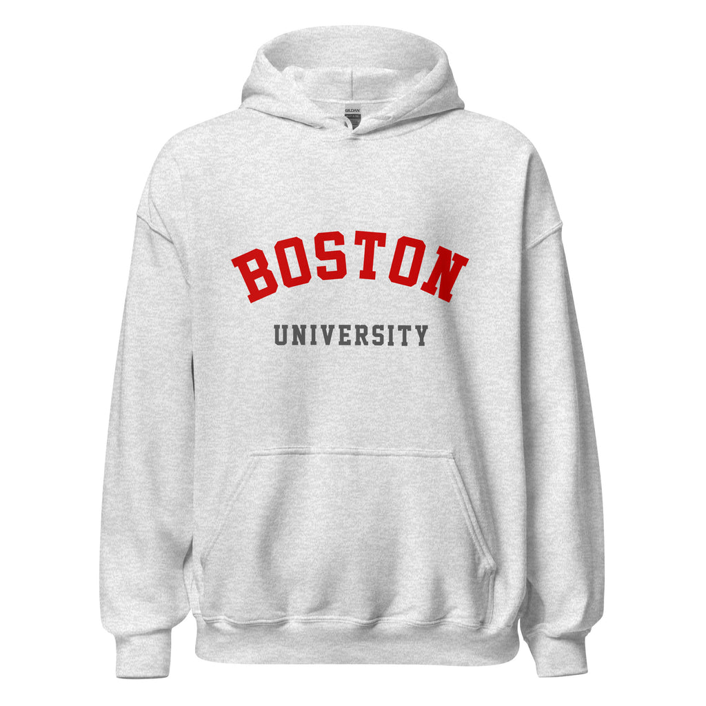 Unisex black hoodie featuring Boston University logo printed across the front chest