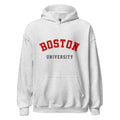 Unisex black hoodie featuring Boston University logo printed across the front chest