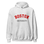 Unisex black hoodie featuring Boston University logo printed across the front chest