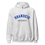 Unisex black hoodie featuring Brandeis University logo printed across the front chest