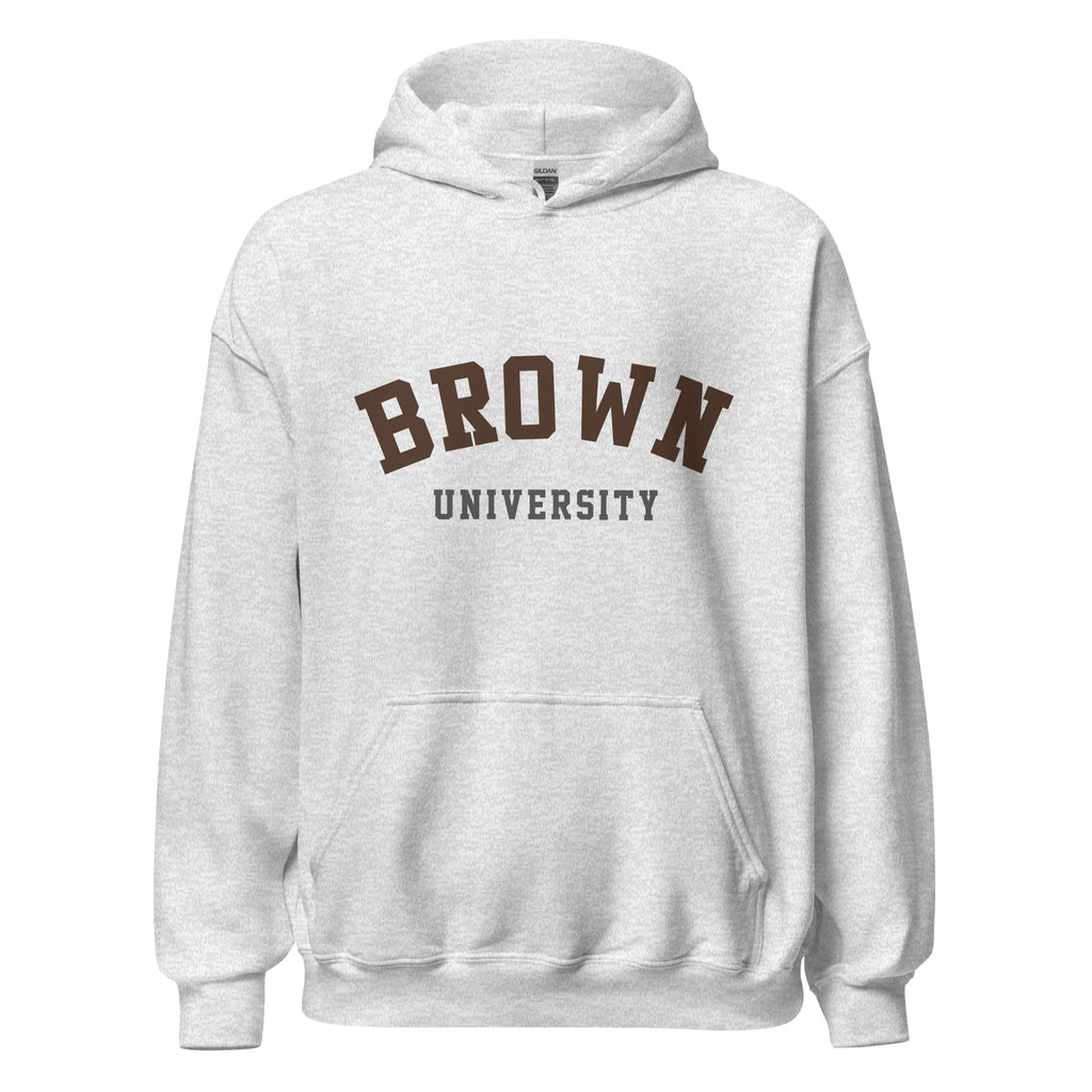 Unisex black hoodie featuring Brown University logo printed across the front chest