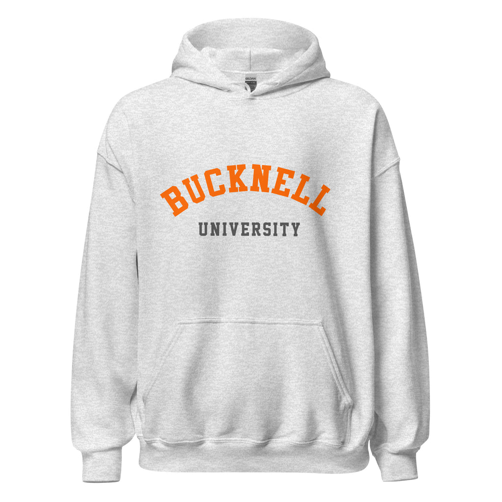 Unisex black hoodie featuring Bucknell University logo printed across the front chest