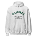 Unisex black hoodie featuring California Polytechnic State University logo printed across the front chest