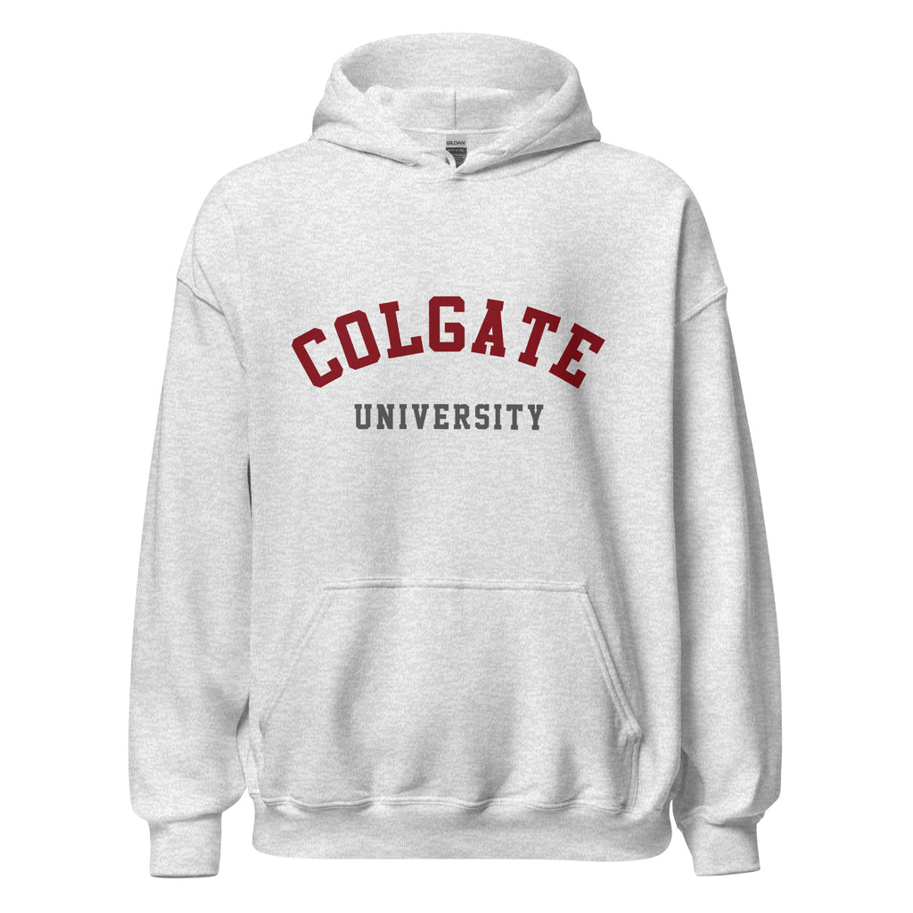 Unisex black hoodie featuring Colgate University logo printed across the front chest