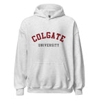 Unisex black hoodie featuring Colgate University logo printed across the front chest