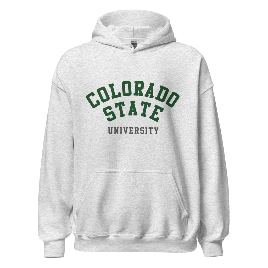 Unisex black hoodie featuring Colorado State University logo printed across the front chest