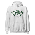 Unisex black hoodie featuring Colorado State University logo printed across the front chest
