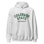 Unisex black hoodie featuring Colorado State University logo printed across the front chest