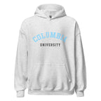 Unisex heather gray hoodie featuring Columbia University logo printed across the front chest