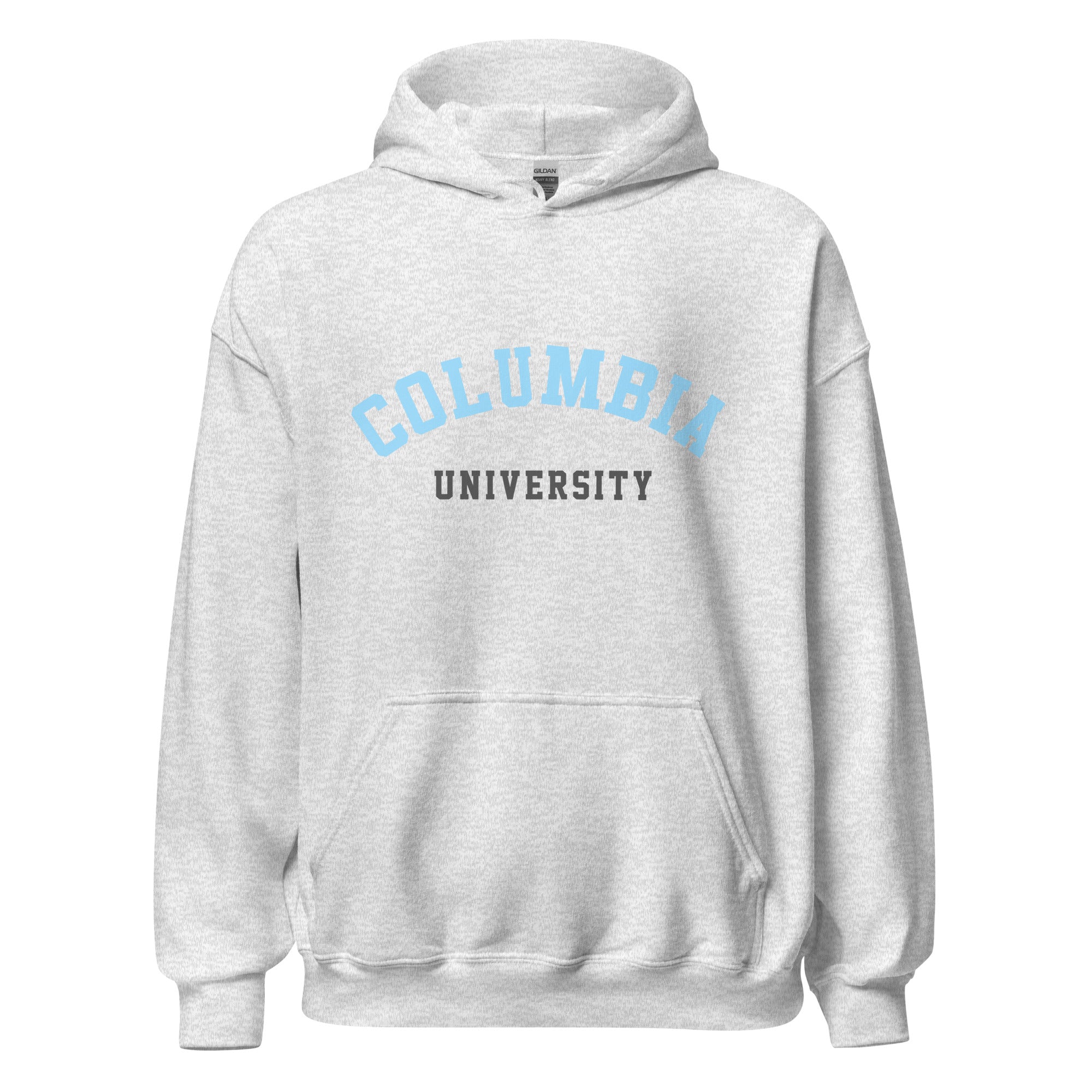 Unisex heather gray hoodie featuring Columbia University logo printed across the front chest