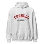 Unisex black hoodie featuring Cornell University logo printed across the front chest