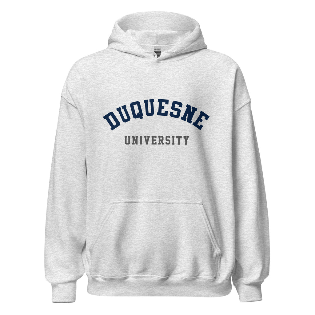 Unisex black hoodie featuring Duquesne University logo printed across the front chest