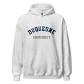 Unisex black hoodie featuring Duquesne University logo printed across the front chest