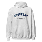 Unisex black hoodie featuring Duquesne University logo printed across the front chest