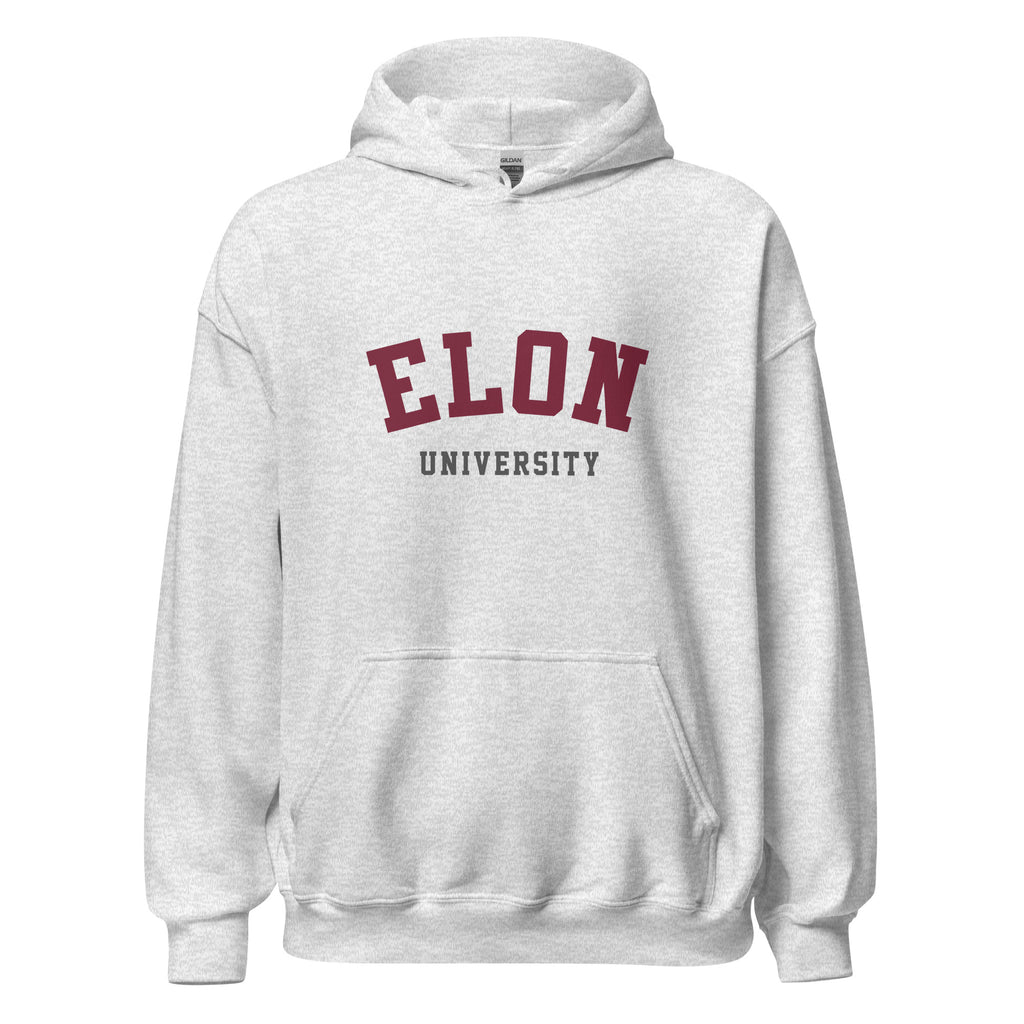 Unisex black hoodie featuring Elon University logo printed across the front chest