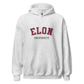 Unisex black hoodie featuring Elon University logo printed across the front chest