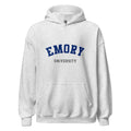Unisex black hoodie featuring Emory University logo printed across the front chest