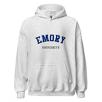 Unisex black hoodie featuring Emory University logo printed across the front chest