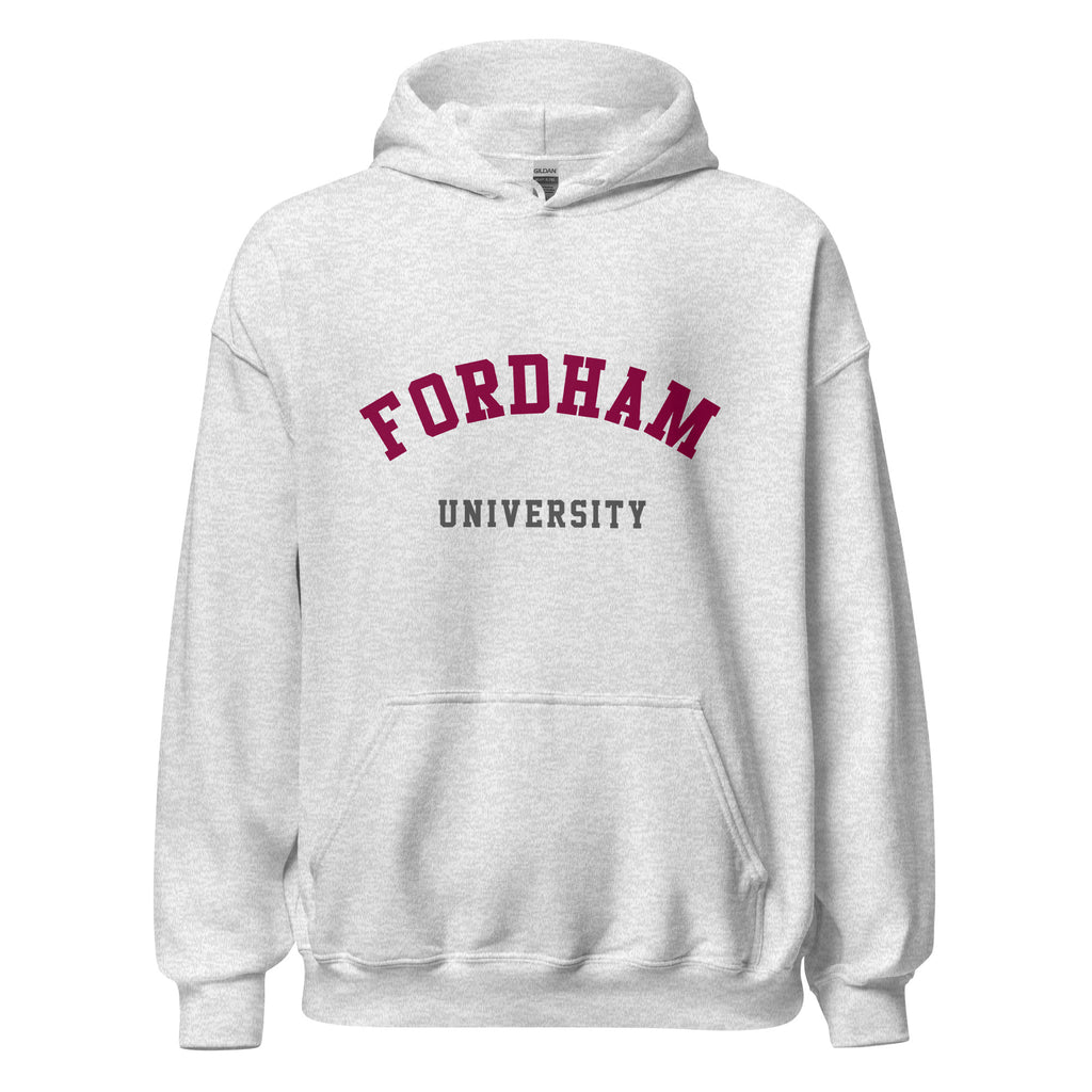 Unisex black hoodie featuring Fordham University logo printed across the front chest